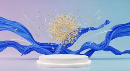 Stage with golden orb blue fabric and confetti