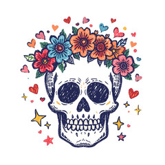 Halloween skull with a crown of colorful flowers, decorated with floating hearts and stars in a whimsical, sketchy style