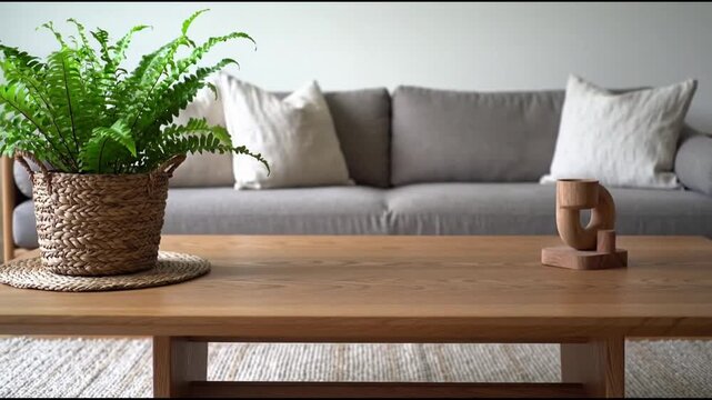Cozy living room interior with a wooden coffee table, fern, and decorative object, creating a warm and inviting atmosphere, perfect for relaxation and comfort