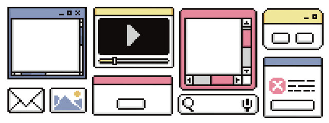 Pixel frame ui collection with retro browser windows, video player and application interfaces. 8 bit style borders with buttons, search bars and controls. Digital nostalgic elements for web design.