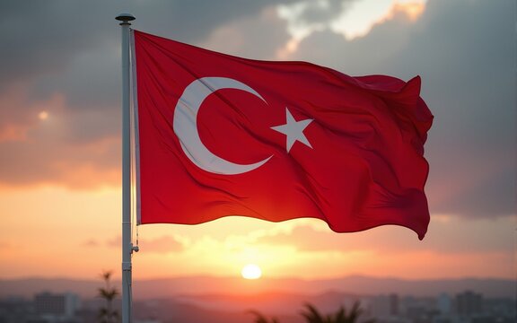 Turkey flag waving in the wind over dramatic cloudy sky during sunrise. "29 Ekim Cumhuriyet Bayrami Kutlu Olsun." Translation: "October 29, Happy Republic Day of Turkey." National holiday of Turkey.