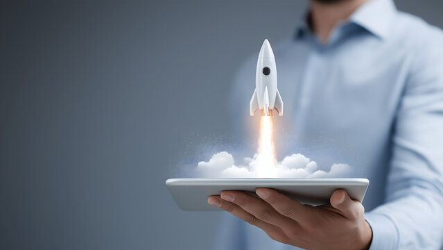 Business Professional Showcasing Rocket Launch from Tablet for Success, Startup, and Future Growth