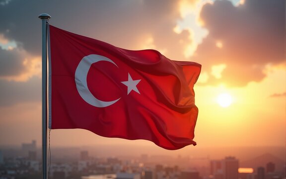 Turkey flag waving in the wind over dramatic cloudy sky during sunrise. "29 Ekim Cumhuriyet Bayrami Kutlu Olsun." Translation: "October 29, Happy Republic Day of Turkey." National holiday of Turkey.