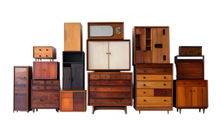 An assortment of vintage and modern wooden furniture storage units including cabinets isolated on a transparent background