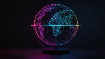 Minimalist neon hologram of rotating globe on dark background