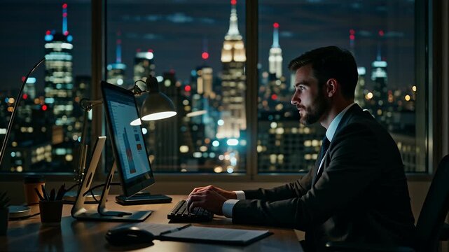 Focused Professional at Computer During Night Overlooking City Skyline with Tall Buildings and Lights