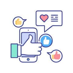 Fototapeta premium Digital Engagement Concept: Thumbs Up Icons and Smartphone Signifying Social Media Interactions