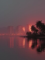 Photograph of a city skyline at sunset. the sky is a gradient of pink and orange, with the sun setting in the background.