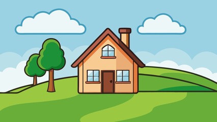 Fototapeta premium Cartoon house in green landscape cottage countryside