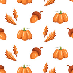 Seamless autumn pattern with pumpkins, acorns and leaves. Vector fall background.