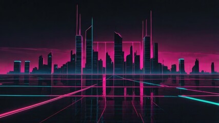 Retro 80s neon grid landscape with futuristic skyline
