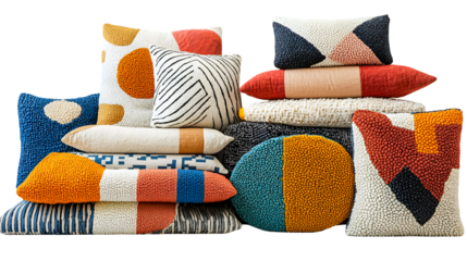 Assortment of Colorful and Geometric Decorative Pillows in Different Shapes and Patterns isolated on a transparent background