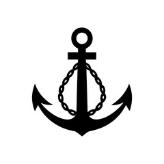 Simple black anchor with chain on transparent background silhouette