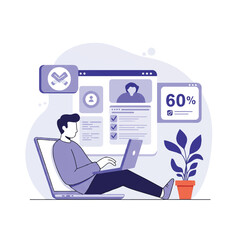 Obraz premium A person comfortably uses a laptop at home to access online public services, showcasing a user-friendly interface on the screen, depicted in a clean 2D flat vector illustration.