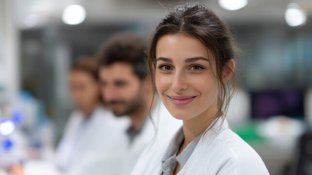 Close-up portrait of a young woman in a laboratory setting. she is wearing a white lab coat and has shoulder-length dark hair. she has a slight smile on her face and is looking directly at the camera.