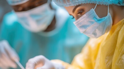 Two surgeons performing surgery in an operating room. they are both wearing surgical masks and protective gear, including a blue surgical cap and a yellow gown.