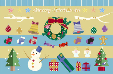 Merry Christmas background with wreath tree snowman gifts and ornaments
