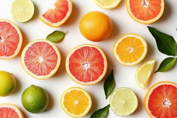 Fototapeta premium Bright and vibrant flat lay of sliced oranges limes with exotic fruits