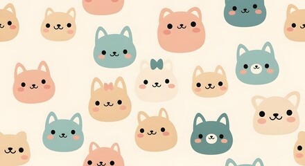 Obraz premium Charming pastel kawaii animal faces pattern, delightful and sweet for kids' products and playful designs