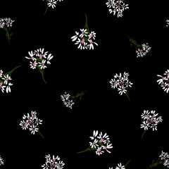 Seamless vector floral pattern with small white and pink daisy like flowers on black background. Template for fabric, wallpaper, packaging, and fashion design