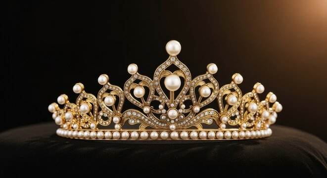 Ornate gold tiara with pearl and gemstone accents resting elegantly on a dark fabric surface
