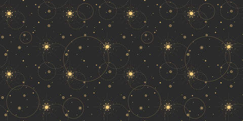 Mystical boho seamless pattern with gold sun symbols and celestial circles on dark background for textile or wallpaper design. Orbits with stars and cosmic elements. Decorative astrology repeat motif.