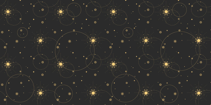 Mystical boho seamless pattern with gold sun symbols and celestial circles on dark background for textile or wallpaper design. Orbits with stars and cosmic elements. Decorative astrology repeat motif.