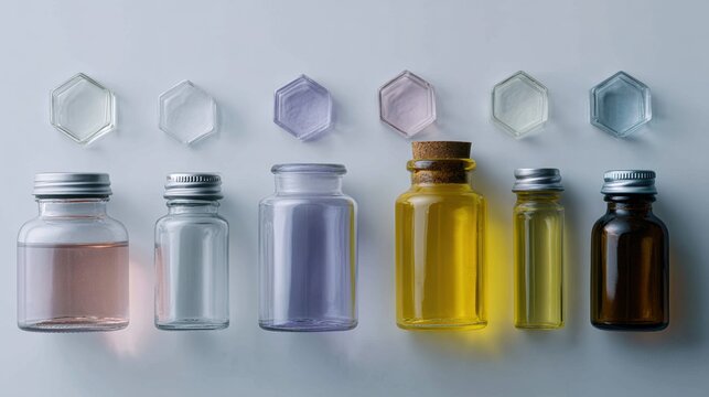 Group of six small glass bottles with metal caps arranged in a row on a light blue background.