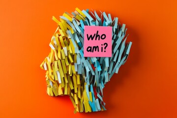 Colorful paper strips forming human head with WHO AM I? heads and note