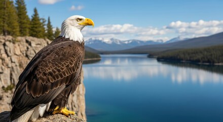 Obraz premium Bald eagle perched on cliff overlooking serene lake surrounded by mountains in bright daylight
