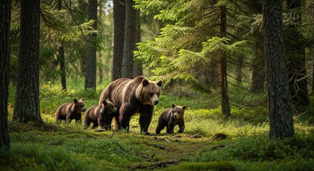 Obraz premium Brown bear family walks through lush forest with cubs exploring surroundings in early morning light