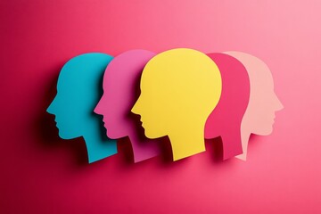 Creative vibrant paper human head cutouts arranged in triangle formation Concept of business roles and responsibilities