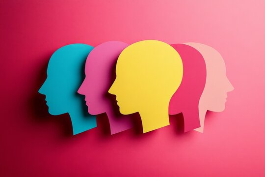 Creative vibrant paper human head cutouts arranged in triangle formation Concept of business roles and responsibilities