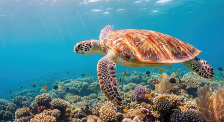 Obraz premium Colorful sea turtle gliding over vibrant coral reef in clear tropical waters at midday