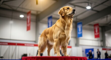 Golden retriever showcases skills at a dog show in a well-lit indoor arena during the weekend event