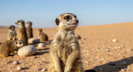 Fototapeta premium Meerkats standing on a sandy desert terrain during daylight in their natural habitat observing surroundings