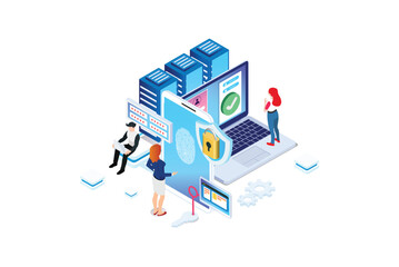 Modern Isometric Online administrator, web hosting concept. Technician repair software. Hardware protection share infographic. Store safe server. Suitable for Diagrams, Game Asset, And Other asset