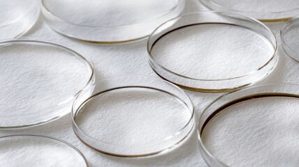 Group of multiple petri dishes arranged in a circular pattern on a white surface. the dishes are made of clear glass and have a thin gold rim around the edges.