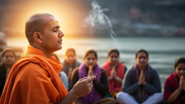 Pitru Paksha Ceremony  Hindu Priest Offering Prayers by the River