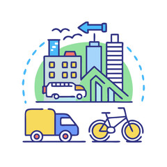 City Transport Network: Icon Illustration of Truck, Van, Bicycle, and Skyscrapers