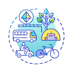 Abstract illustration depicting sustainable transport and environment, including vehicles and nature icons in bright colors