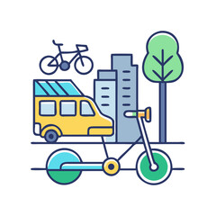 Modern urban transportation: icons of bike, car, buildings, scooter, and tree