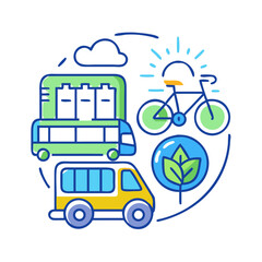 Illustration of sustainable transport and renewable energy sources arranged in a circular design on black background