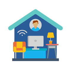 Iconic Illustration of Remote Work Setup with Computer, Lamp and Profile Inside a Home Shape