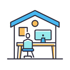 Iconic Illustration of Remote Work Setup Inside House Frame with Computer