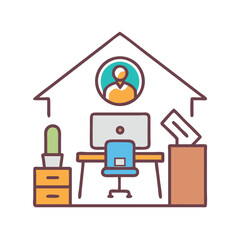 Stylized home office icon representing remote work and virtual meetings in a flat design style