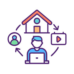 Remote Work Collaboration Concept Flat Illustration with Person, Home, Media, and Profile