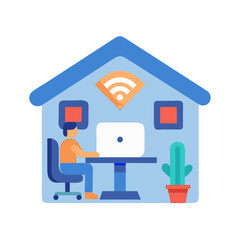 Stylized home office illustration showcasing remote work with laptop, chair, and cactus plant