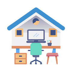 Home office setup in a stylized house shape featuring desk, computer, and furniture