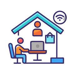 Remote Work Setup Showing Home Office Icon with Laptop and Connectivity